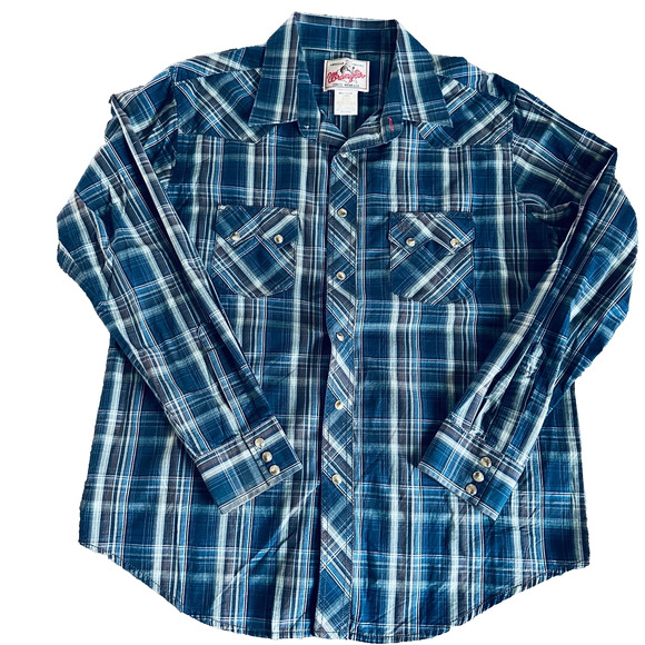 wrangler retro western plaid shirt mens large l blue pearl snap cowboy rodeo - Picture 1 of 9